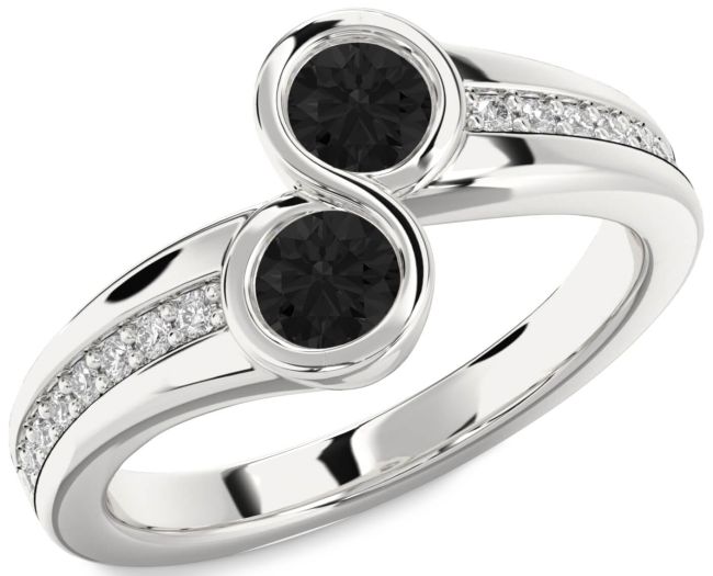 Black Diamond Silver Round Two Stone Pave Ring
