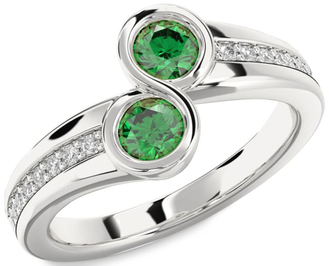 Diamond Emerald Silver Round Two Stone Pave Birthstone Ring