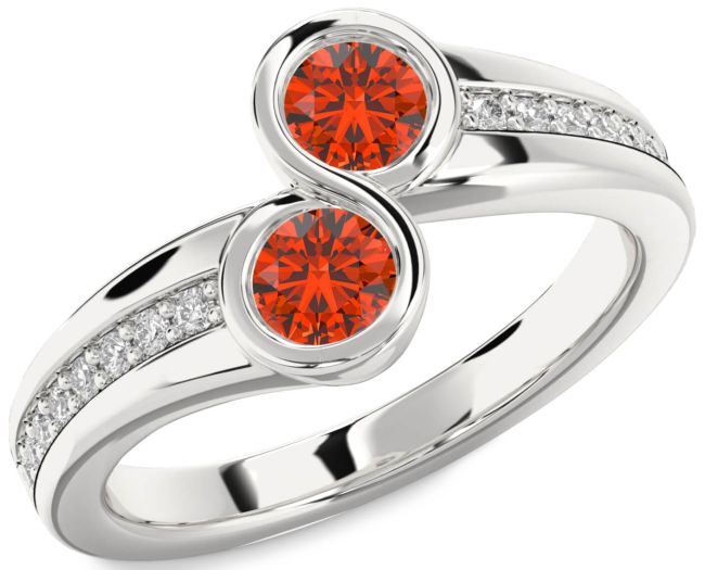 Diamond Fire Opal Silver Round Two Stone Pave Ring