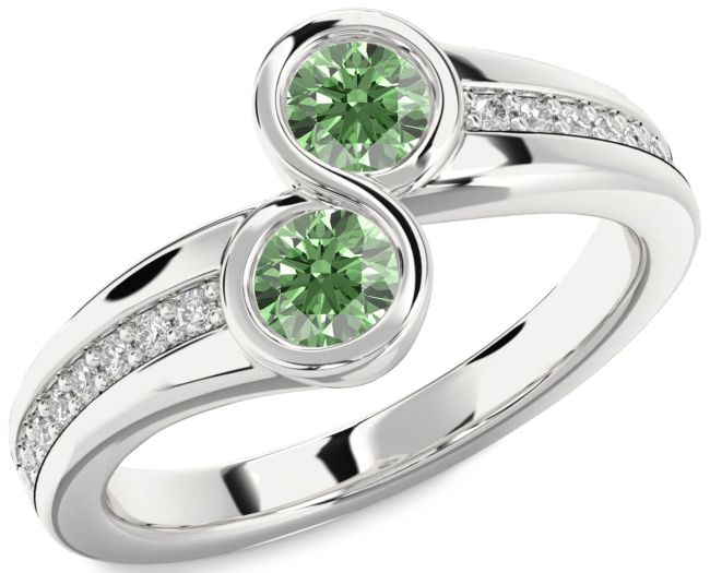 Green Diamond Silver Round Two Stone Pave Ring
