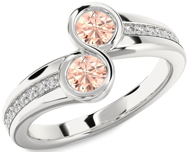 Diamond Morganite Silver Round Two Stone Pave Ring
