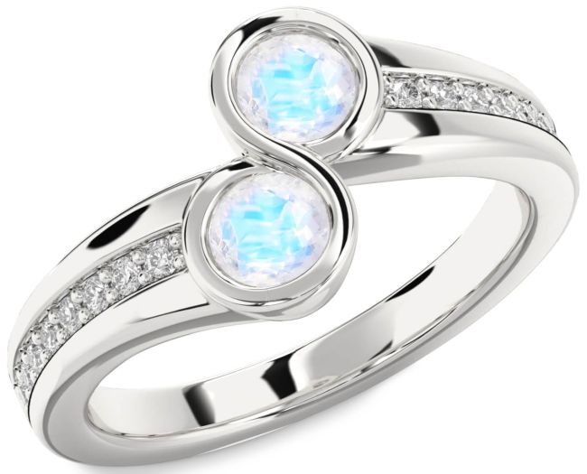 Diamond Moonstone Silver Round Two Stone Pave Ring
