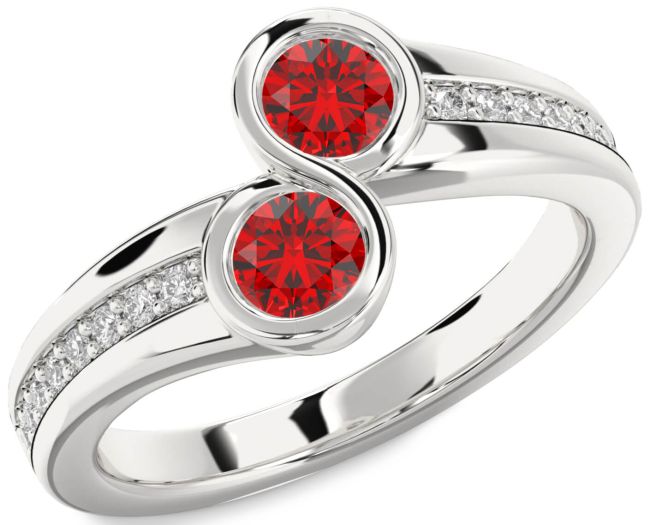 Diamond Ruby Silver Round Two Stone Pave Birthstone Ring