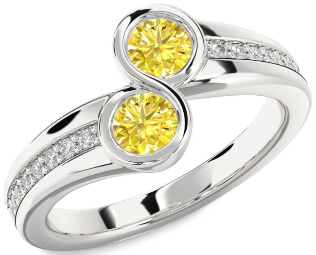Yellow Diamond Silver Round Two Stone Pave Ring