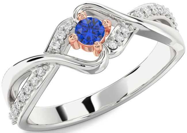 Diamond Blue Sapphire Silver & 10K Rose Gold Round Promise Ring