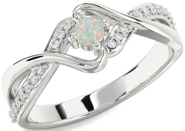 Diamond Opal Silver Round Promise Ring