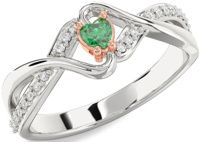 Diamond Emerald Platinum & Rose Gold Heart Promise Ring