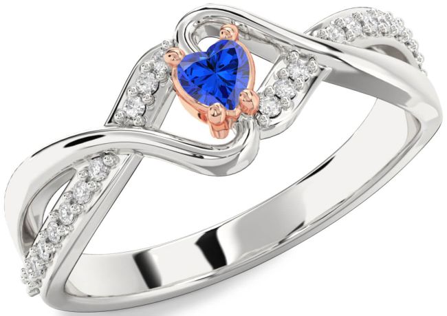 Diamond Blue Sapphire Platinum & Rose Gold Heart Promise Ring