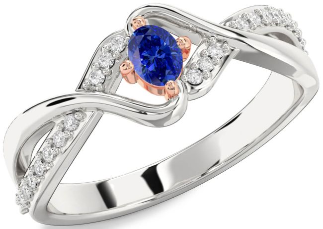 Diamond Blue Sapphire Silver & 10K Rose Gold Oval Promise Ring