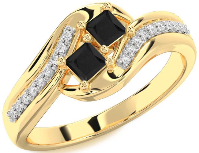 Black Diamond Gold Silver Princess Two Stone Ring