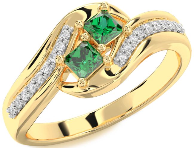 Diamond Emerald Gold Princess Two Stone Birthstone Ring
