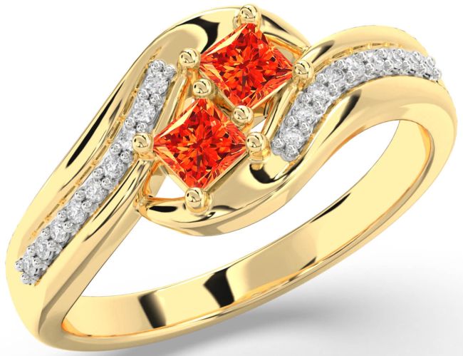 Diamond Fire Opal Gold Princess Two Stone Ring