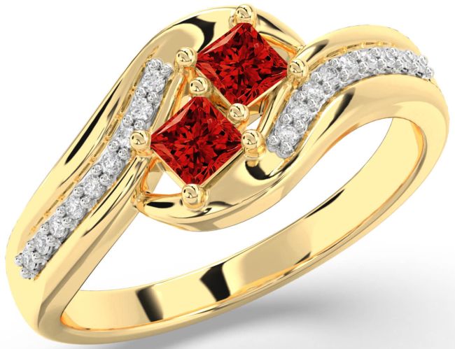 Diamond Ruby Gold Silver Princess Two Stone Birthstone Ring