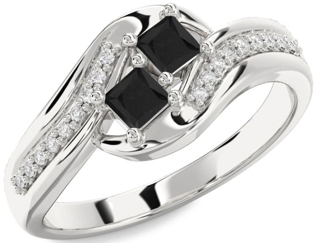 Black Diamond Silver Princess Two Stone Ring