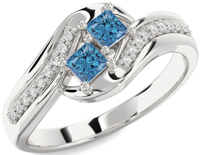 Blue Diamond Silver Princess Two Stone Ring