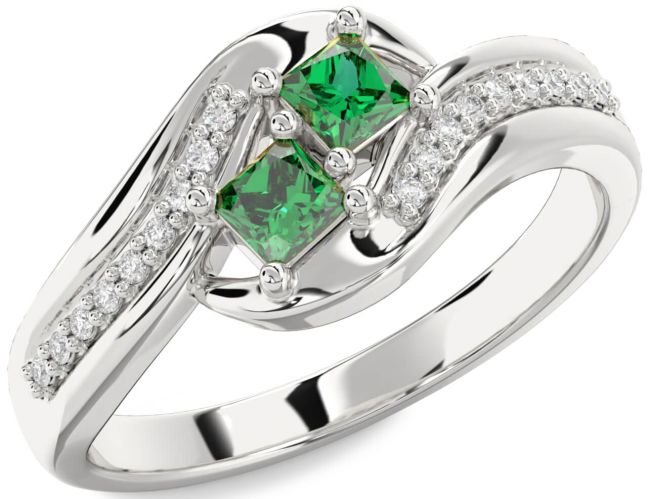 Diamond Emerald Silver Princess Two Stone Birthstone Ring