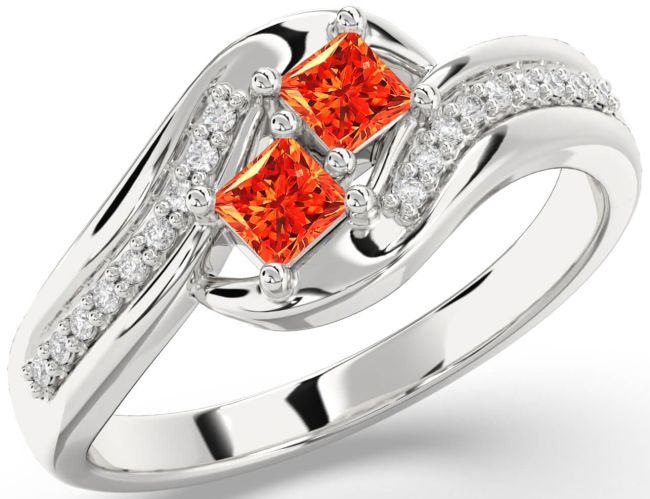 Diamond Fire Opal Silver Princess Two Stone Ring