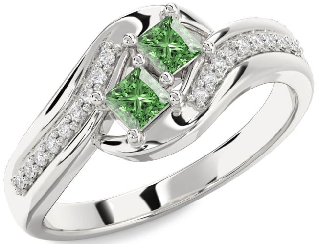 Green Diamond Silver Princess Two Stone Ring