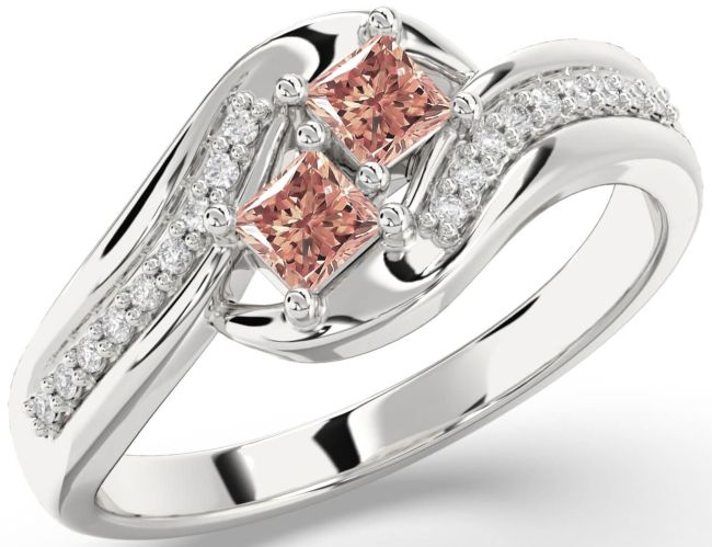 Diamond Morganite Silver Princess Two Stone Ring