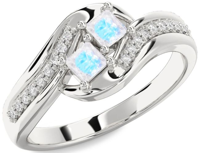 Diamond Moonstone Silver Princess Two Stone Ring