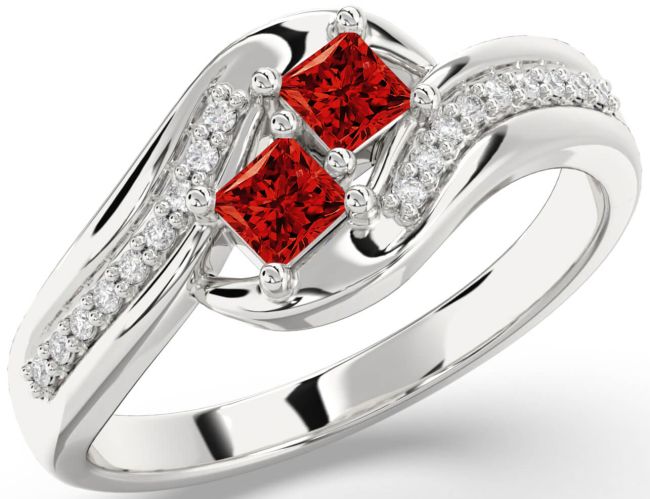 Diamond Ruby Silver Princess Two Stone Birthstone Ring