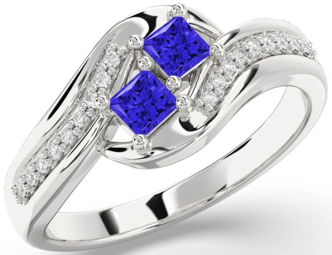 Diamond Tanzanite Silver Princess Two Stone Ring