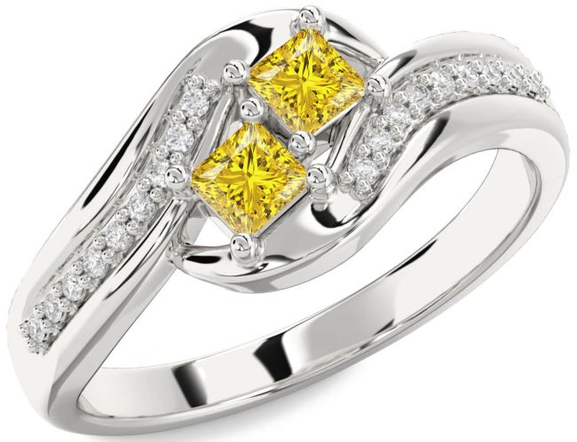 Yellow Diamond Silver Princess Two Stone Ring