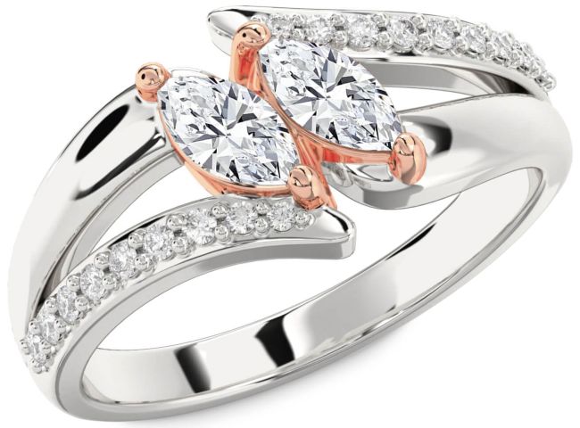 Diamond Silver & 10K Rose Gold Marquise Two Stone Ring