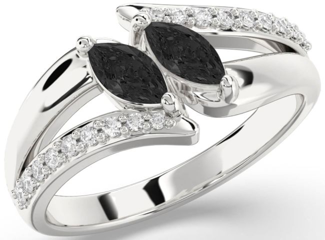 Black Diamond Silver Marquise Two Stone Ring