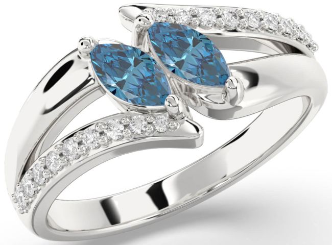 Blue Diamond Silver Marquise Two Stone Ring