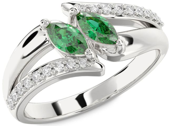 Diamond Emerald Silver Marquise Two Stone Birthstone Ring