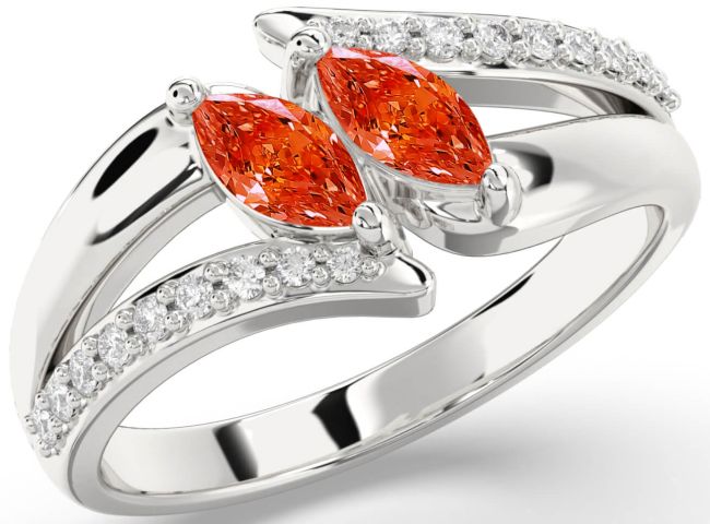 Diamond Fire Opal Silver Marquise Two Stone Ring