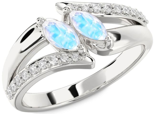 Diamond Moonstone Silver Marquise Two Stone Ring