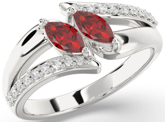 Diamond Ruby Silver Marquise Two Stone Birthstone Ring