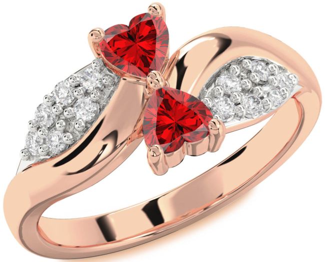 Diamond Ruby Rose Gold Two Heart Birthstone Ring
