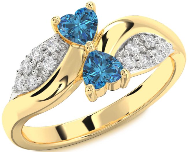 Blue Diamond Gold Silver Two Heart Ring