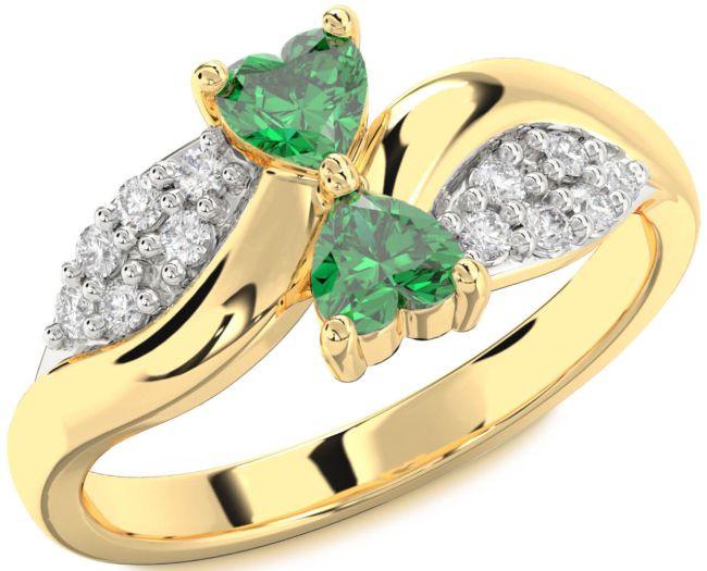 Diamond Emerald Gold Silver Two Heart Birthstone Ring
