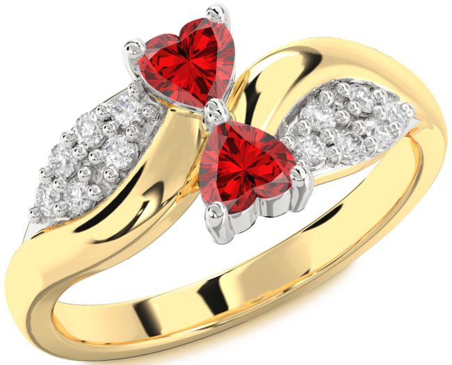 Diamond Ruby Gold Silver Two Heart Birthstone Ring
