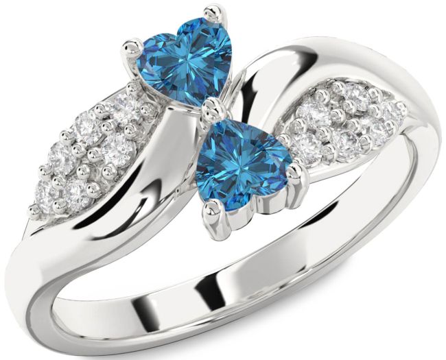 Blue Diamond Silver Two Heart Ring