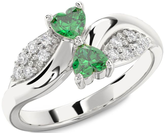 Diamond Emerald Silver Two Heart Birthstone Ring