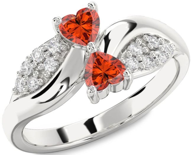 Diamond Fire Opal Silver Two Heart Ring