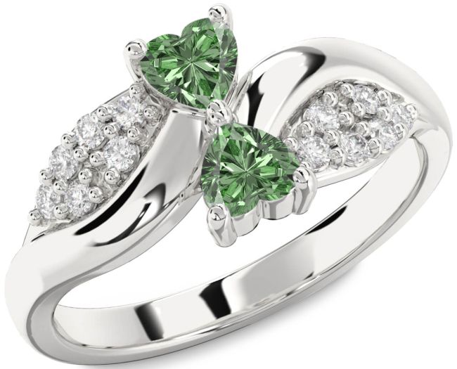 Green Diamond Silver Two Heart Ring