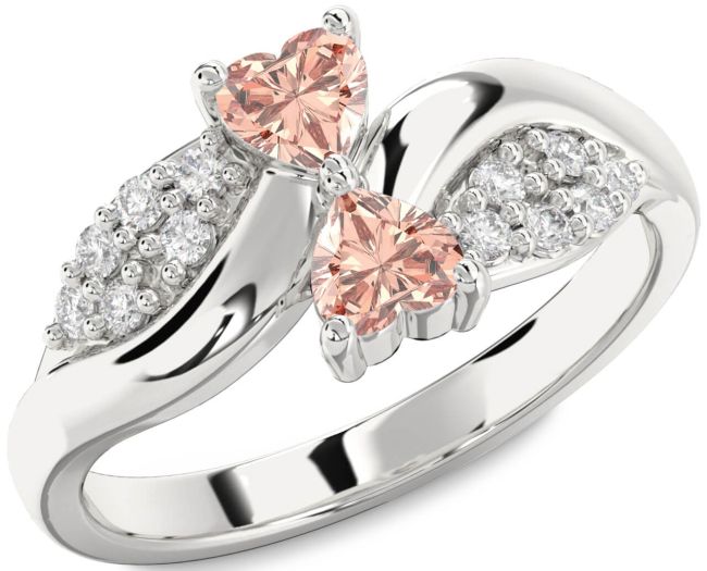 Diamond Morganite Silver Two Heart Ring