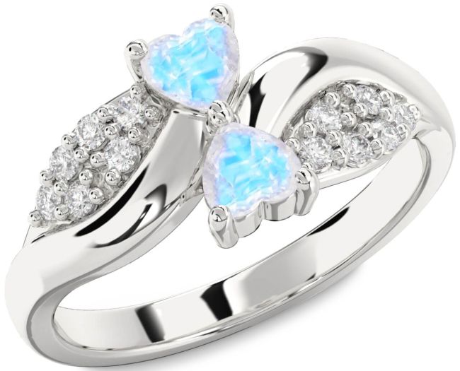 Diamond Moonstone Silver Two Heart Ring