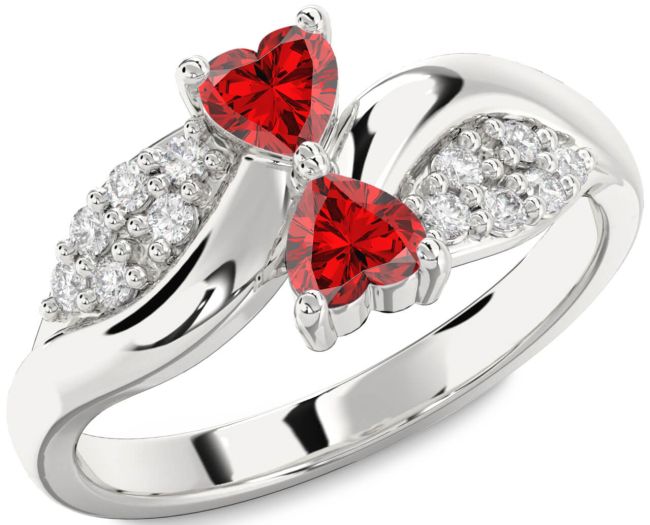 Diamond Ruby Silver Two Heart Birthstone Ring