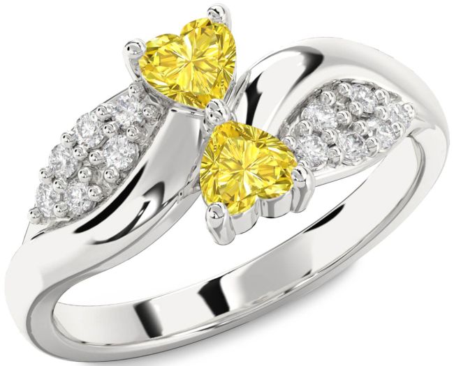 Yellow Diamond Silver Two Heart Ring