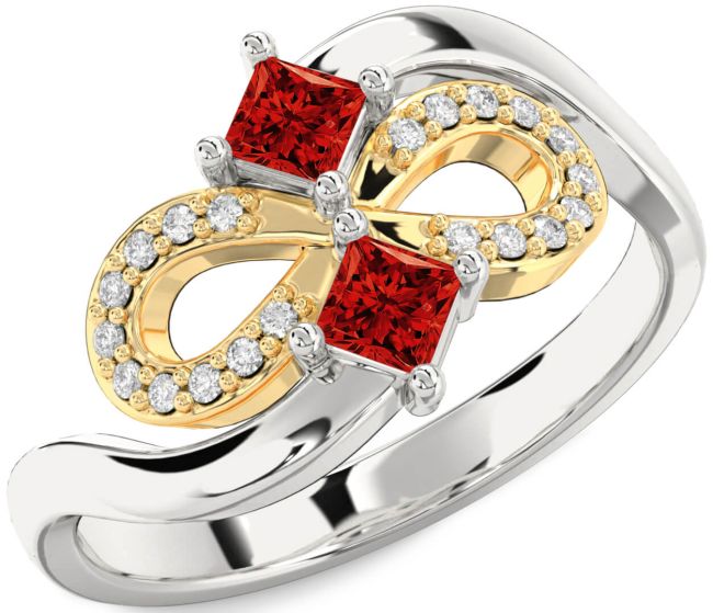 Diamond Ruby Gold Silver Infinity Princess Two Stone Birthstone Ring