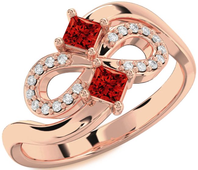Diamond Ruby Rose Gold Infinity Princess Two Stone Birthstone Ring