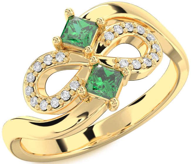 Diamond Emerald Gold Infinity Princess Two Stone Birthstone Ring
