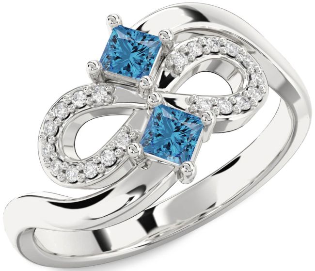Blue Diamond Silver Infinity Princess Two Stone Ring